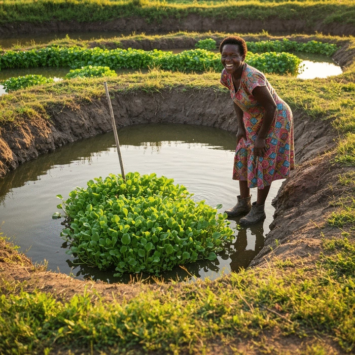 Fish farmer observing healthy fish in a pond, representing good FCR and growth