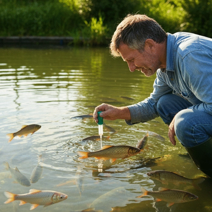 Fish farmer inspecting water quality in a pond, holding a water testing kit, with healthy fish visible in the clear water, bright daylight, no text, no words, no typography, 8K