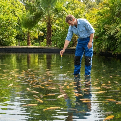 Fish farmer inspecting a pond with healthy tilapia
