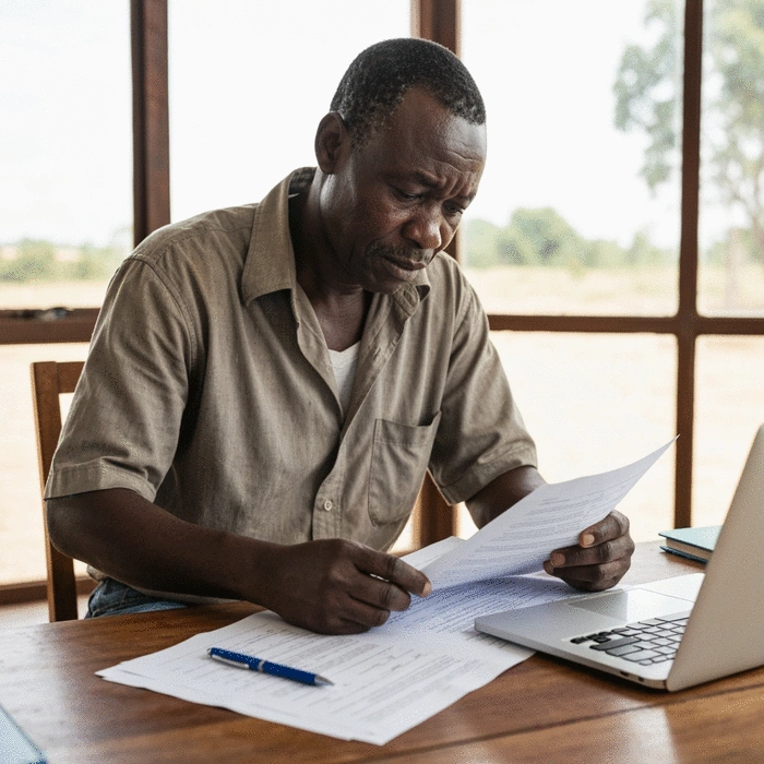 African fish farmer reviewing regulatory documents at a desk, looking concerned, with a laptop and pen, natural light, no text, no words, no typography, 8K