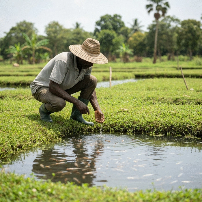 Professional African fish farmer reviewing handwritten farm records and financial documents at a desk in an office with a window overlooking fish ponds