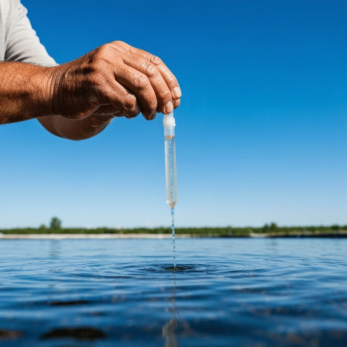 Farmer collecting water sample from a fish pond for quality testing